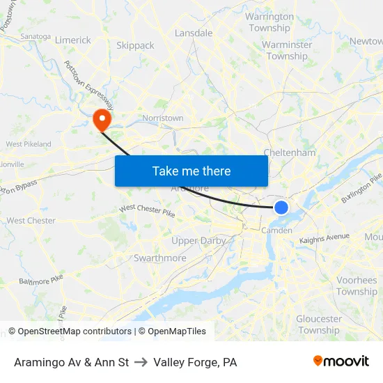 Aramingo Av & Ann St to Valley Forge, PA map