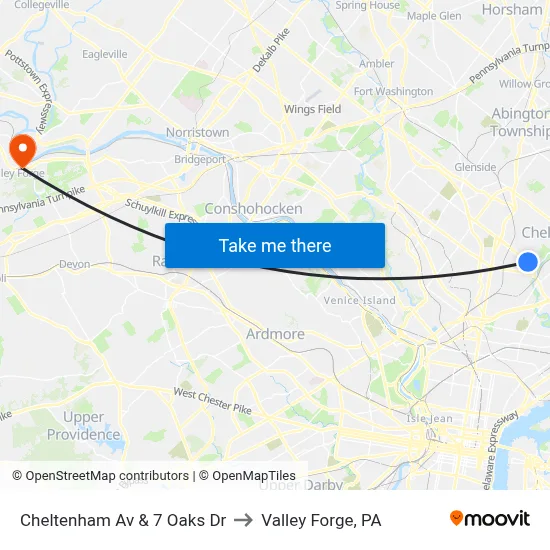 Cheltenham Av & 7 Oaks Dr to Valley Forge, PA map