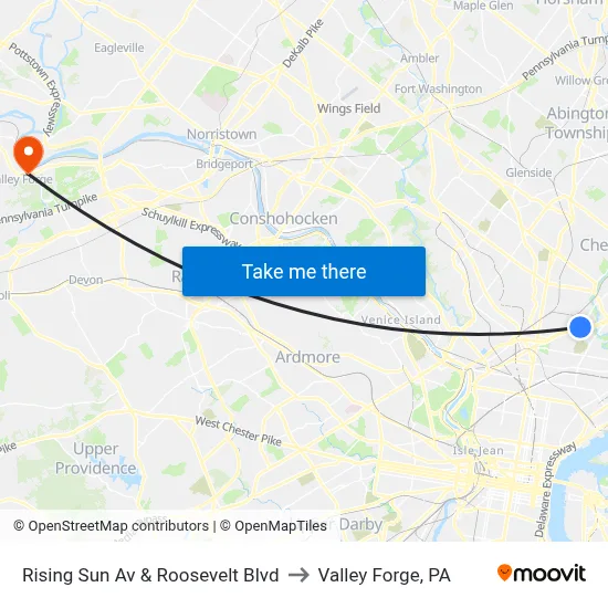 Rising Sun Av & Roosevelt Blvd to Valley Forge, PA map