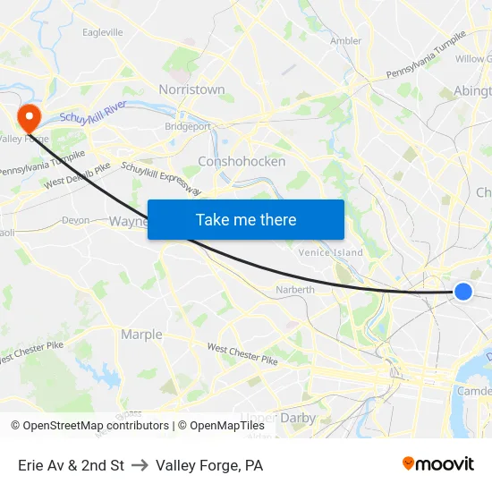 Erie Av & 2nd St to Valley Forge, PA map