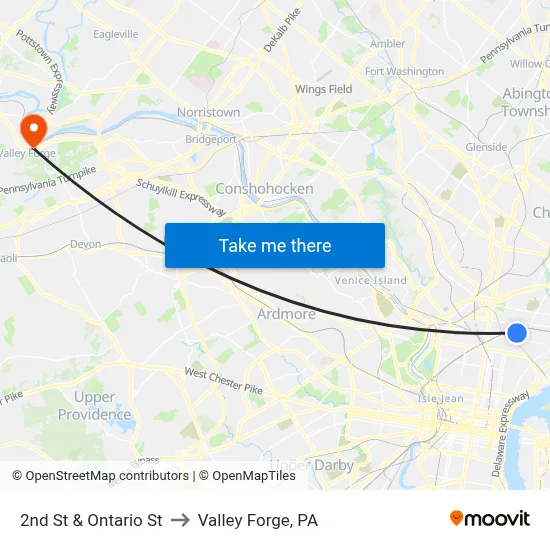 2nd St & Ontario St to Valley Forge, PA map