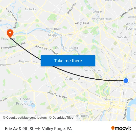 Erie Av & 9th St to Valley Forge, PA map