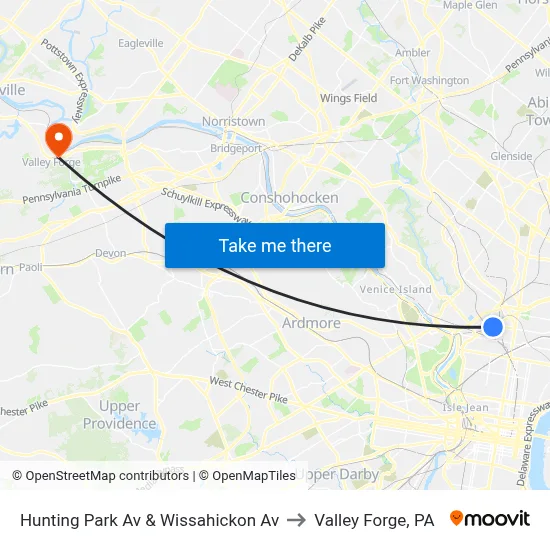 Hunting Park Av & Wissahickon Av to Valley Forge, PA map