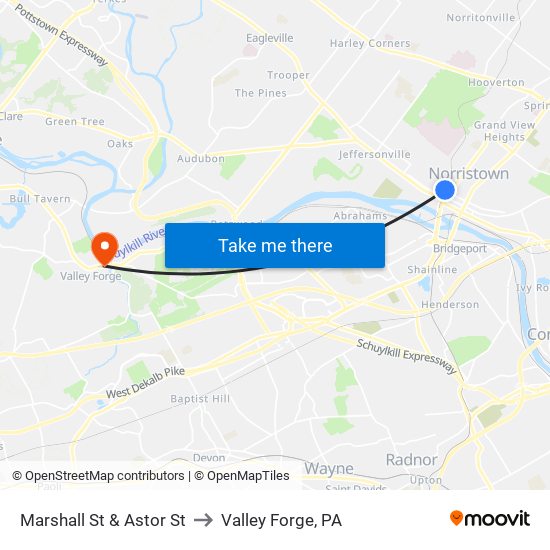 Marshall St & Astor St to Valley Forge, PA map