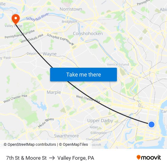 7th St & Moore St to Valley Forge, PA map