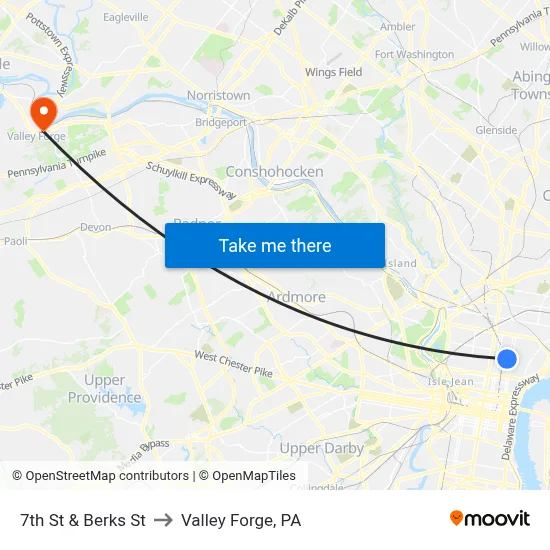 7th St & Berks St to Valley Forge, PA map
