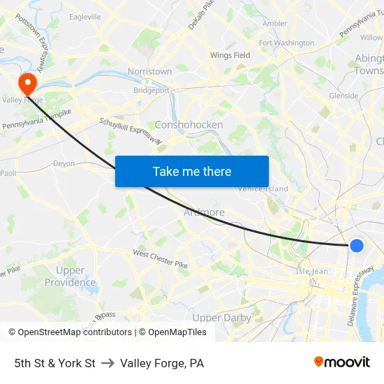 5th St & York St to Valley Forge, PA map