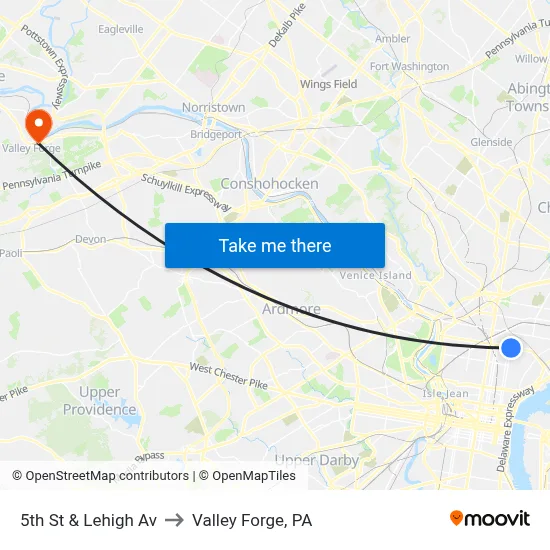 5th St & Lehigh Av to Valley Forge, PA map