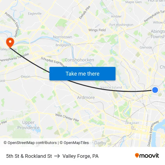 5th St & Rockland St to Valley Forge, PA map