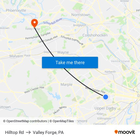 Hilltop Rd to Valley Forge, PA map