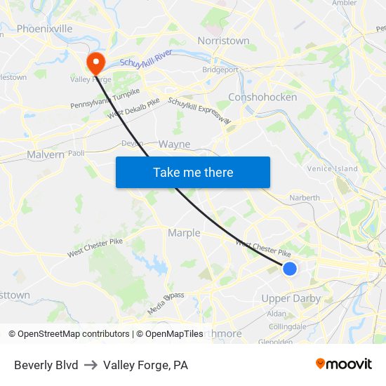 Beverly Blvd to Valley Forge, PA map