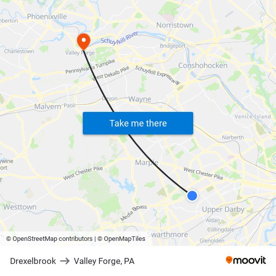 Drexelbrook to Valley Forge, PA map