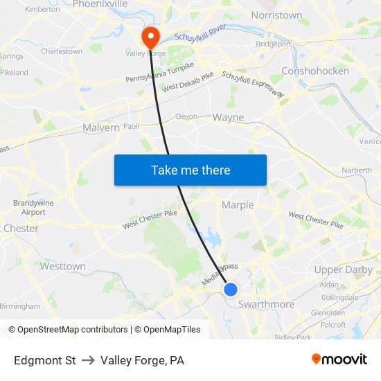 Edgmont St to Valley Forge, PA map