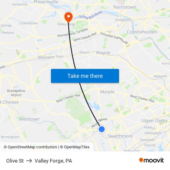 Olive St to Valley Forge, PA map