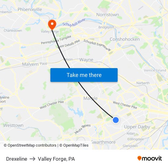 Drexeline to Valley Forge, PA map