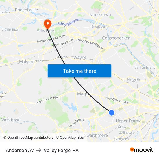 Anderson Av to Valley Forge, PA map
