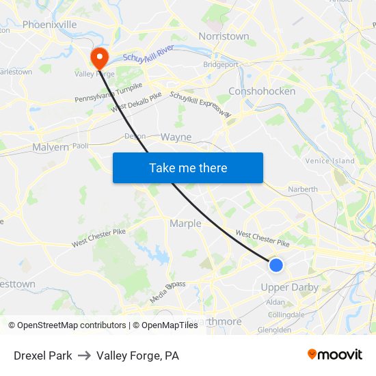 Drexel Park to Valley Forge, PA map