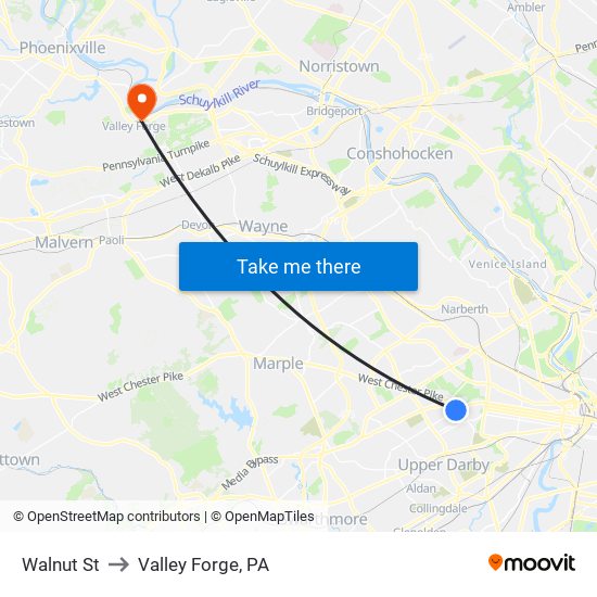 Walnut St to Valley Forge, PA map
