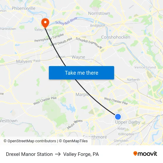 Drexel Manor Station to Valley Forge, PA map