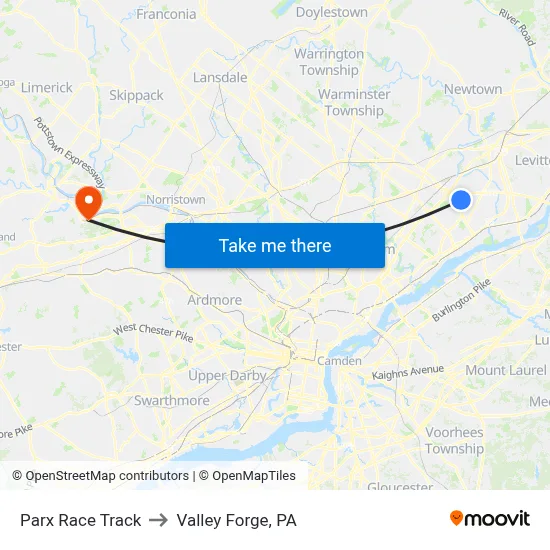 Parx Race Track to Valley Forge, PA map