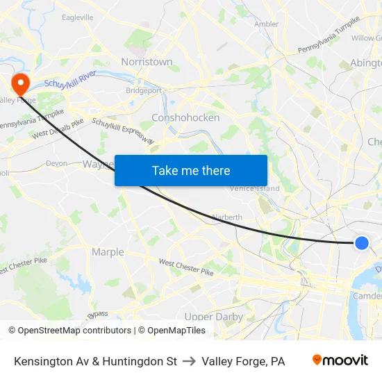 Kensington Av & Huntingdon St to Valley Forge, PA map