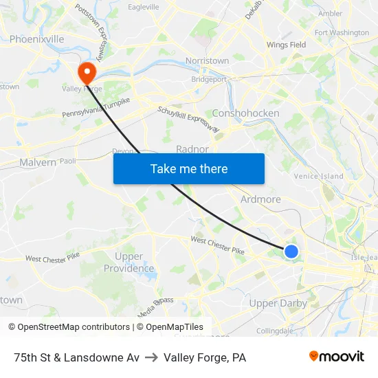 75th St & Lansdowne Av to Valley Forge, PA map