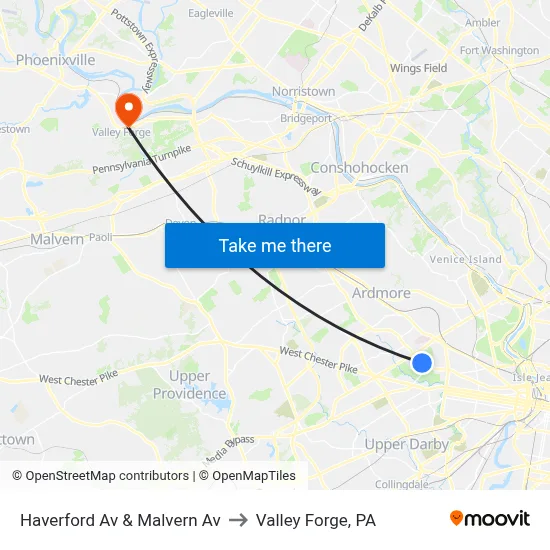 Haverford Av & Malvern Av to Valley Forge, PA map