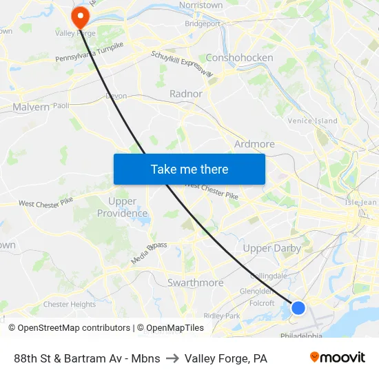 88th St & Bartram Av - Mbns to Valley Forge, PA map
