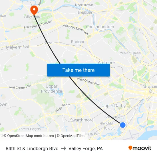 84th St & Lindbergh Blvd to Valley Forge, PA map