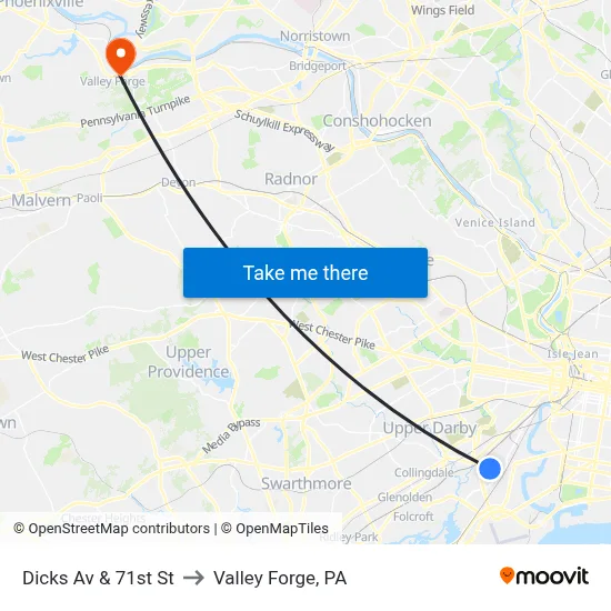 Dicks Av & 71st St to Valley Forge, PA map
