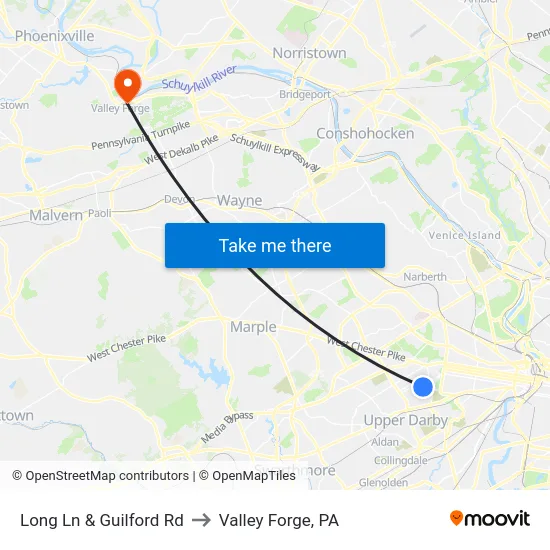 Long Ln & Guilford Rd to Valley Forge, PA map