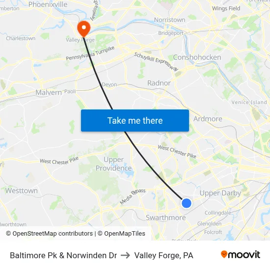 Baltimore Pk & Norwinden Dr to Valley Forge, PA map