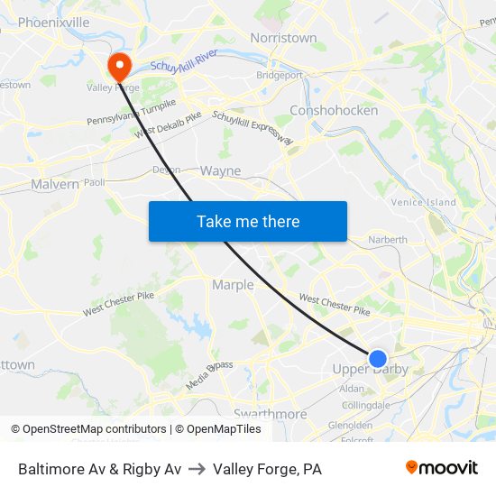 Baltimore Av & Rigby Av to Valley Forge, PA map