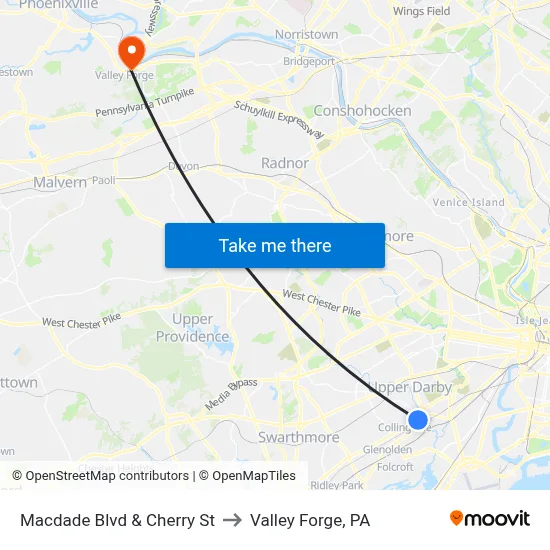 Macdade Blvd & Cherry St to Valley Forge, PA map