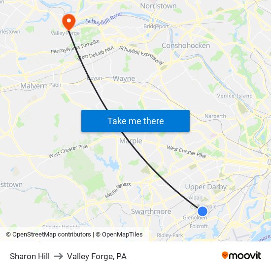 Sharon Hill to Valley Forge, PA map