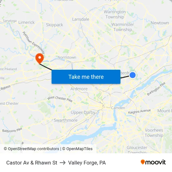 Castor Av & Rhawn St to Valley Forge, PA map