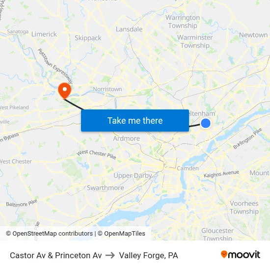Castor Av & Princeton Av to Valley Forge, PA map