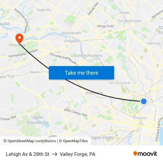 Lehigh Av & 28th St to Valley Forge, PA map
