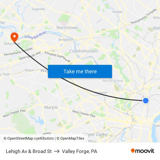 Lehigh Av & Broad St to Valley Forge, PA map