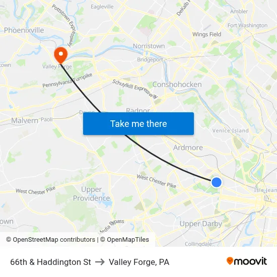 66th & Haddington St to Valley Forge, PA map