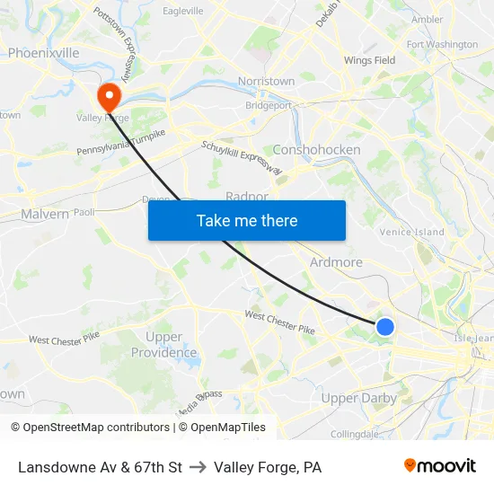Lansdowne Av & 67th St to Valley Forge, PA map