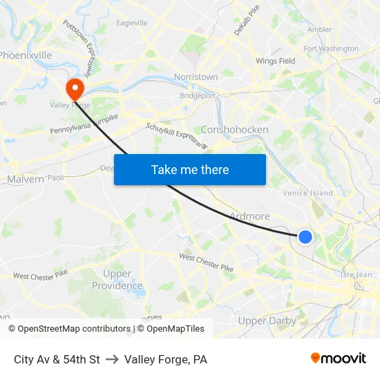 City Av & 54th St to Valley Forge, PA map