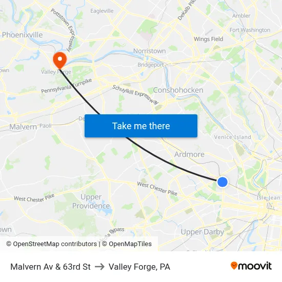 Malvern Av & 63rd St to Valley Forge, PA map
