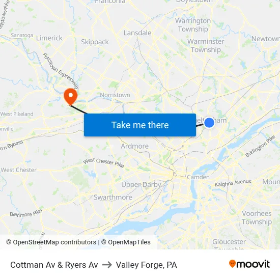 Cottman Av & Ryers Av to Valley Forge, PA map