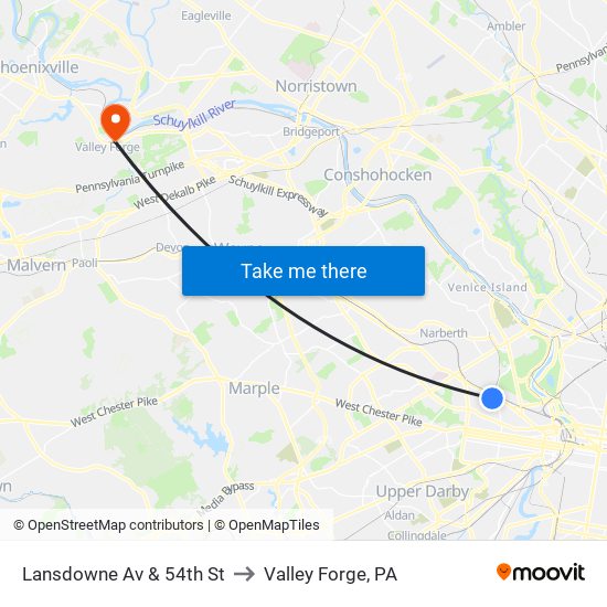 Lansdowne Av & 54th St to Valley Forge, PA map