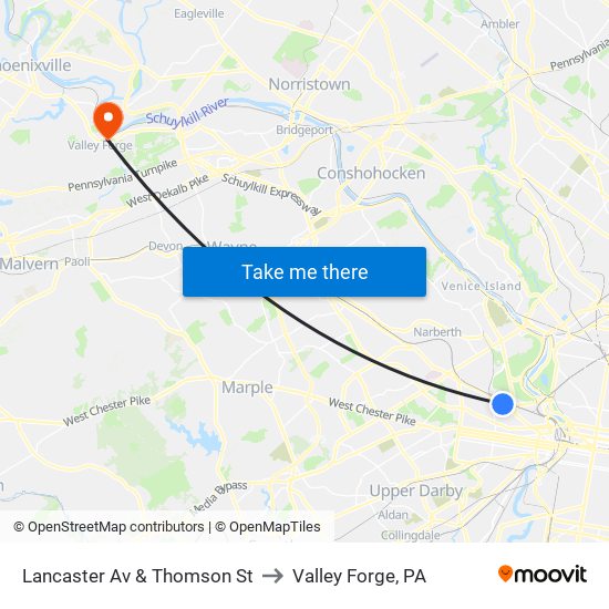 Lancaster Av & Thomson St to Valley Forge, PA map