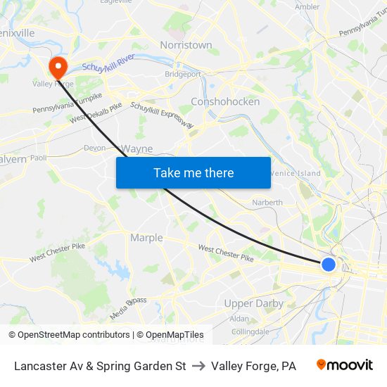 Lancaster Av & Spring Garden St to Valley Forge, PA map