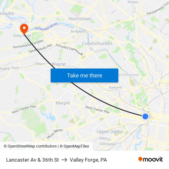 Lancaster Av & 36th St to Valley Forge, PA map