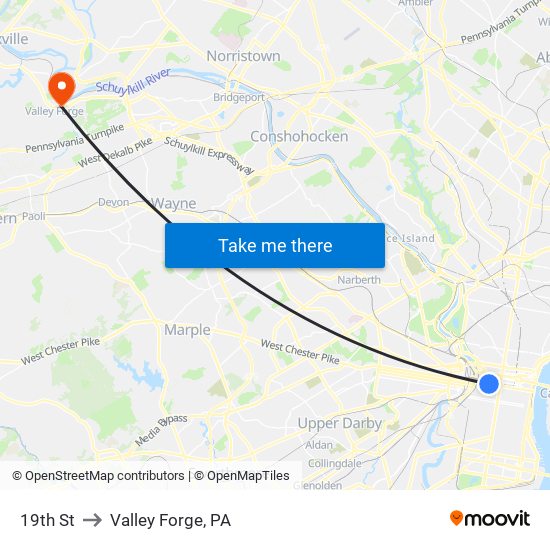 19th St to Valley Forge, PA map