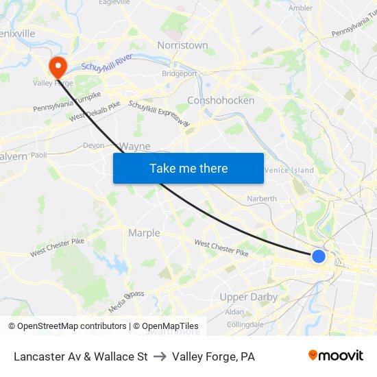 Lancaster Av & Wallace St to Valley Forge, PA map